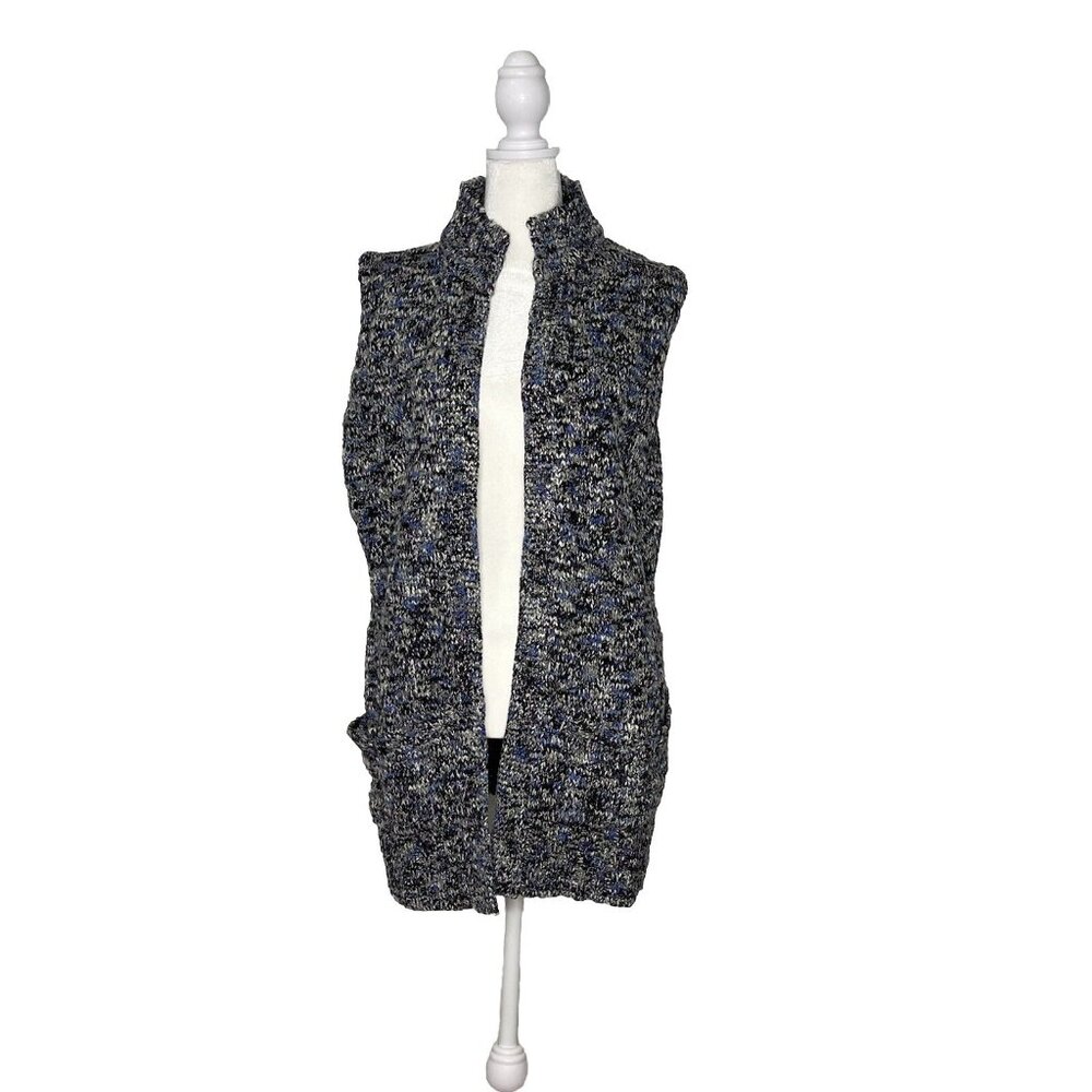 Open Front Cardigan Vest RIVER  Sz S Acrylic Knit Grays & Blue, Purple & Black